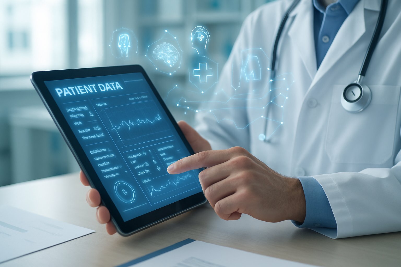 Healthcare AI Solutions interface in use by doctor reviewing patient data securely.