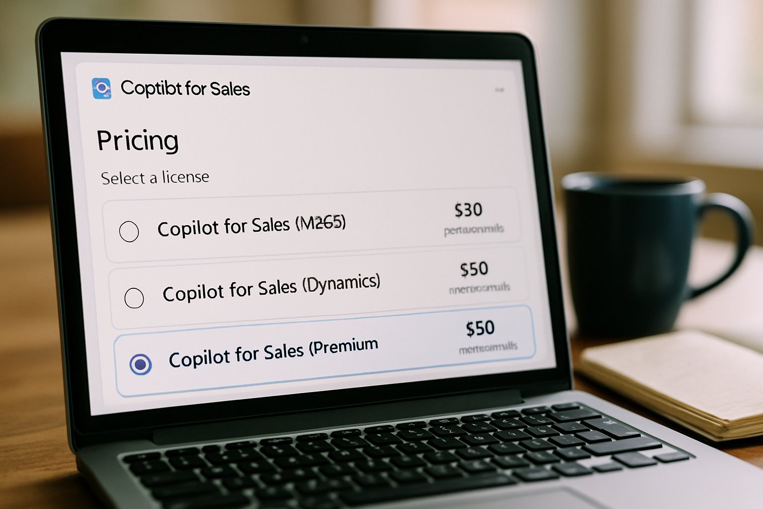 Copilot for Sales Pricing license selection page on a realistic laptop screen.