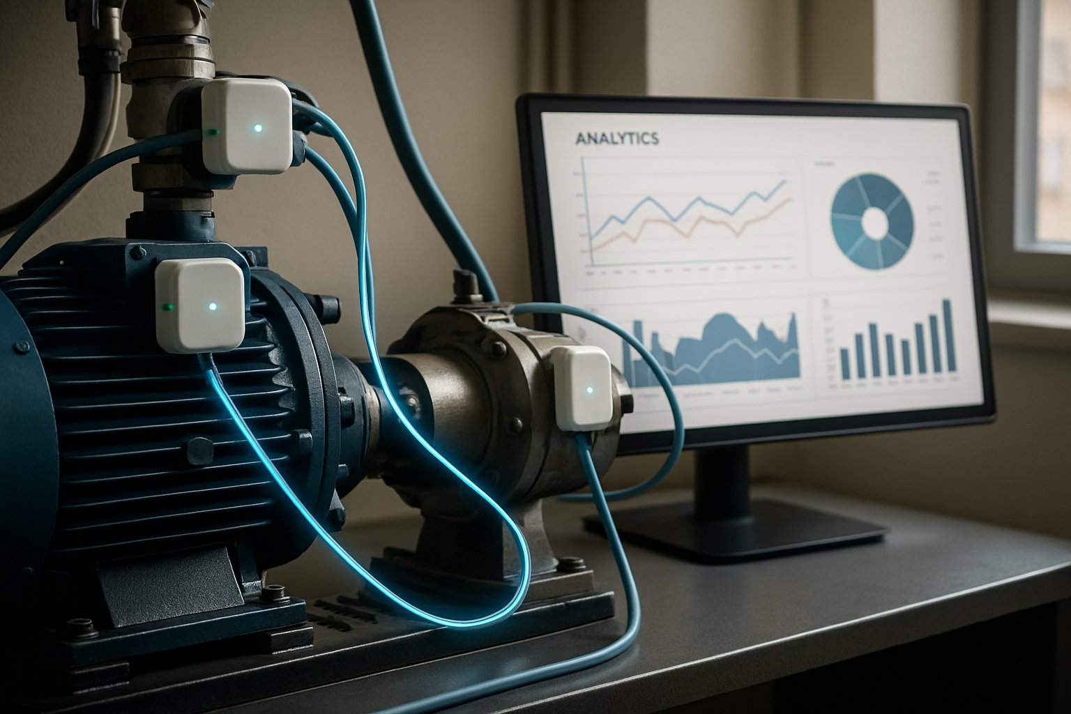 IoT sensors on industrial machine drive manufacturing AI integration.