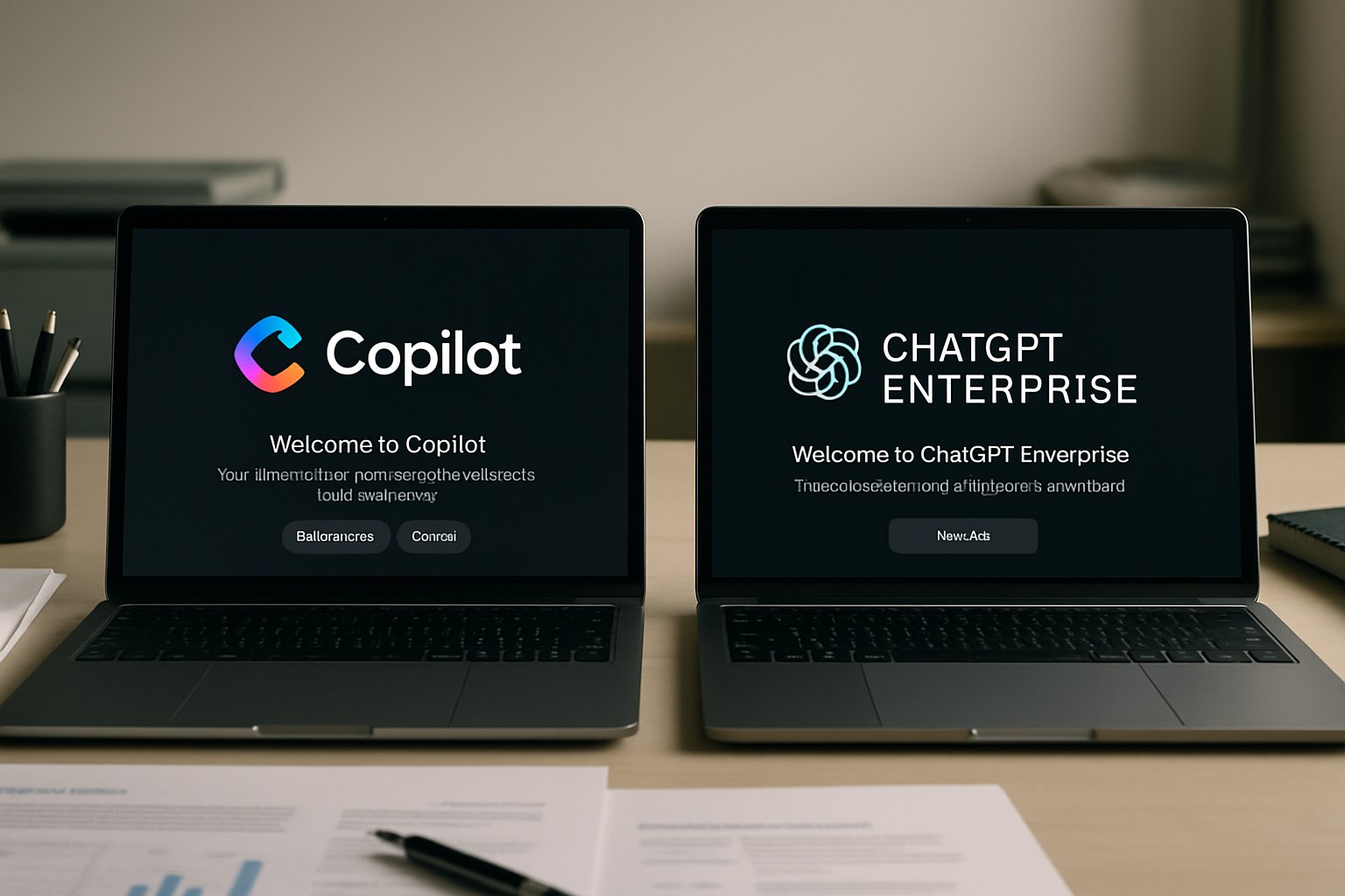 Dual monitors displaying Copilot vs ChatGPT Enterprise interfaces in modern office.