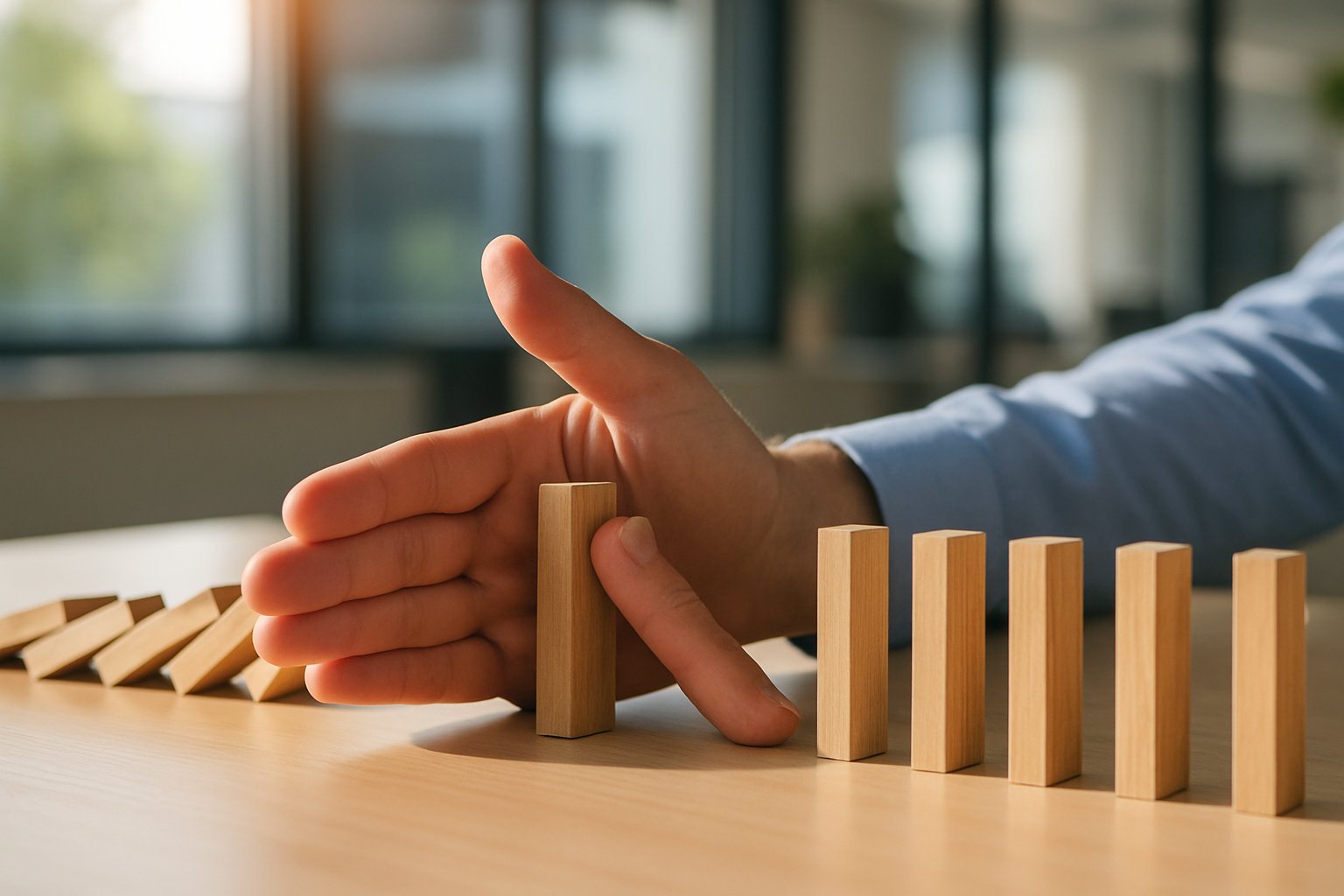 Hand stopping dominoes representing intervention in failing AI pilot projects.