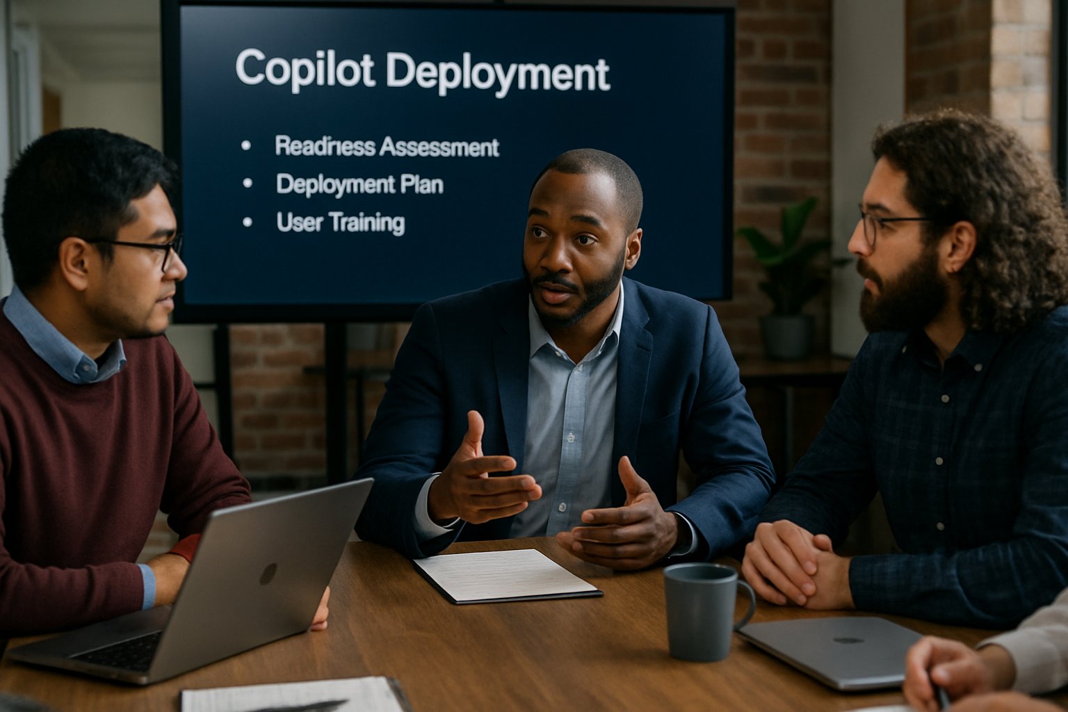 IT team collaborates on Copilot Deployment strategy in conference room.