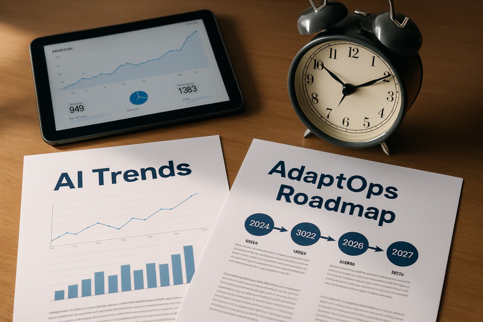Desk with AI trends reports, AdaptOps roadmap, analytics tablet, and clock symbolizing the billable hour.