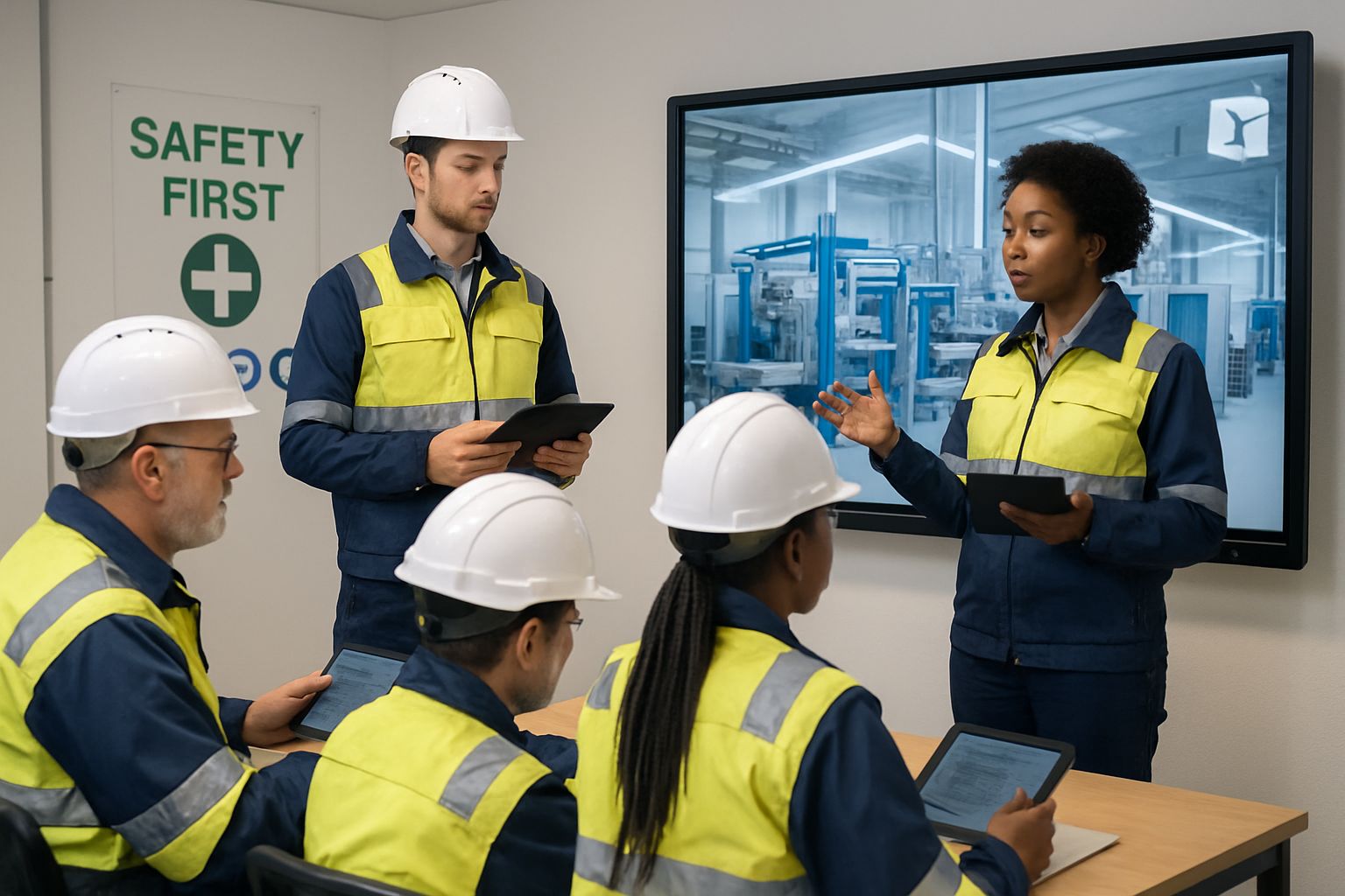 Factory workers and engineers upskilling with Industry 4.0 AI tools in manufacturing.