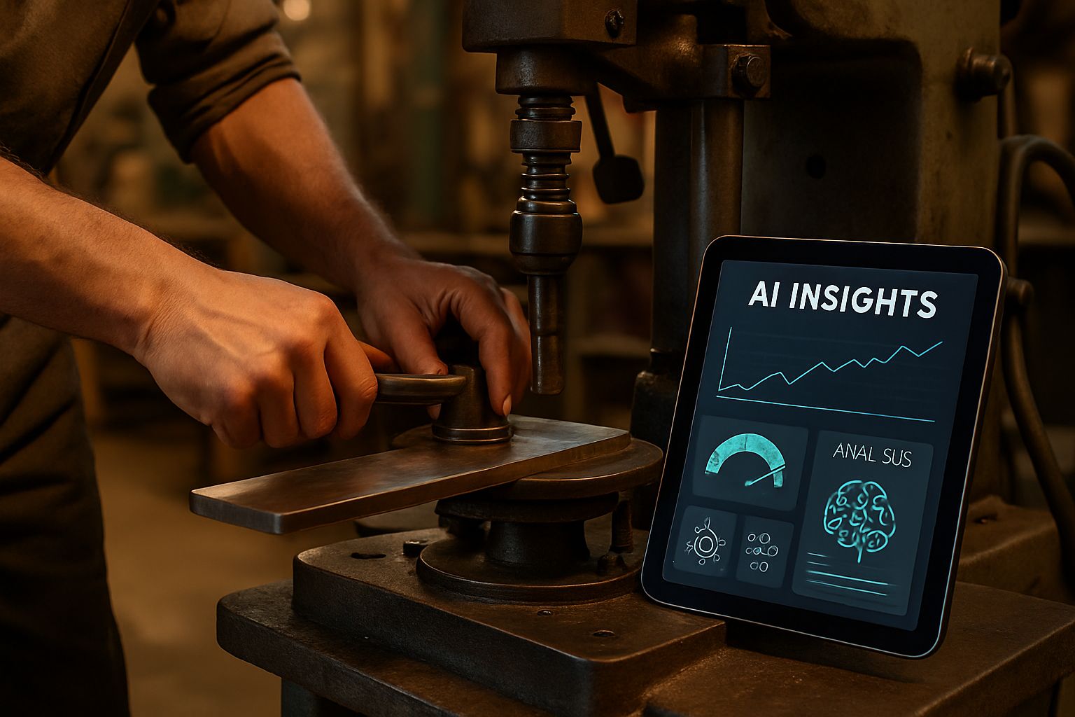 Manufacturing worker uses AI-driven insights on facility floor.