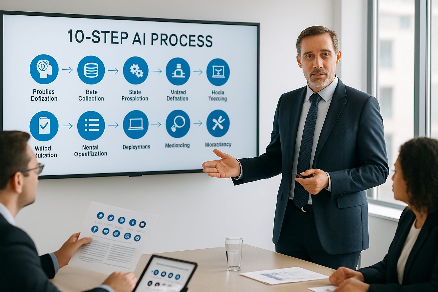 Executive presenting 10-step AI transformation process to business leaders.