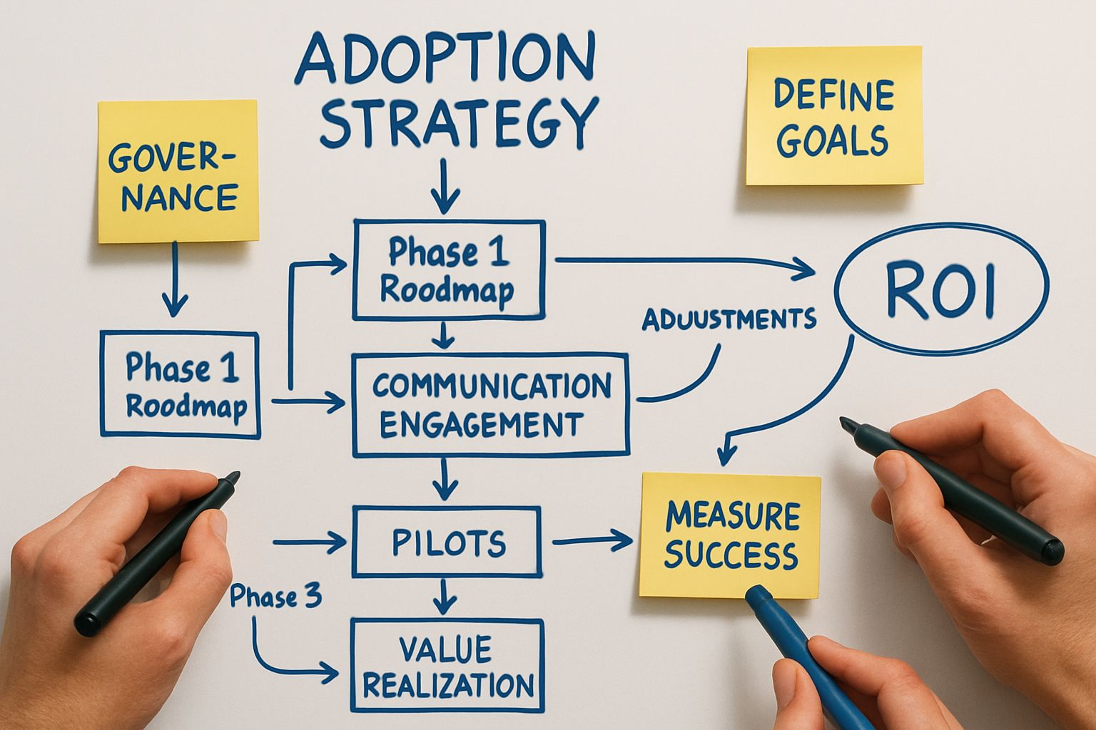 Whiteboard flowchart outlining steps of an adoption strategy