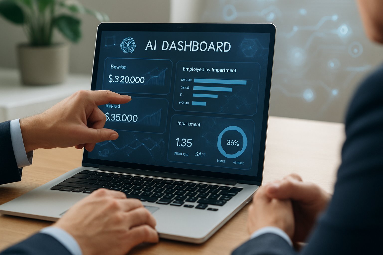 Consultant presenting AI workflow automation dashboard for finance and HR analytics