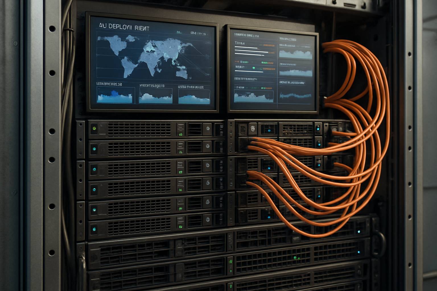 Data center infrastructure supporting global ai deployment with neatly organized hardware.