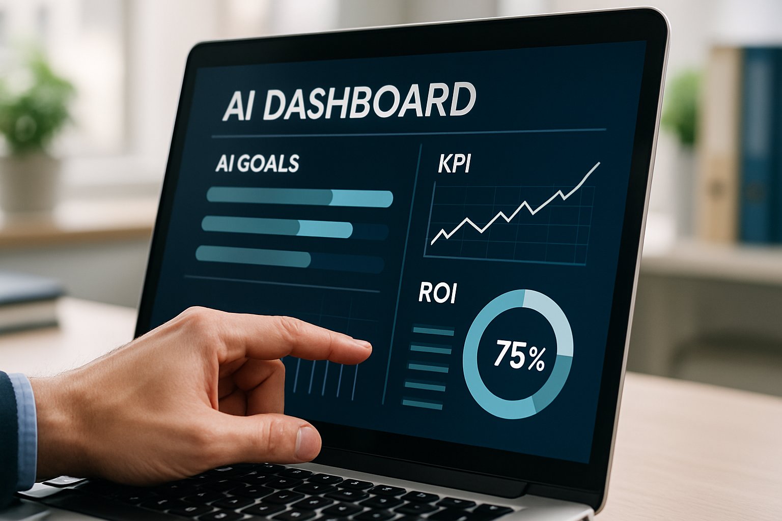 AI goal setting dashboard displaying KPIs and enterprise ROI metrics in office.