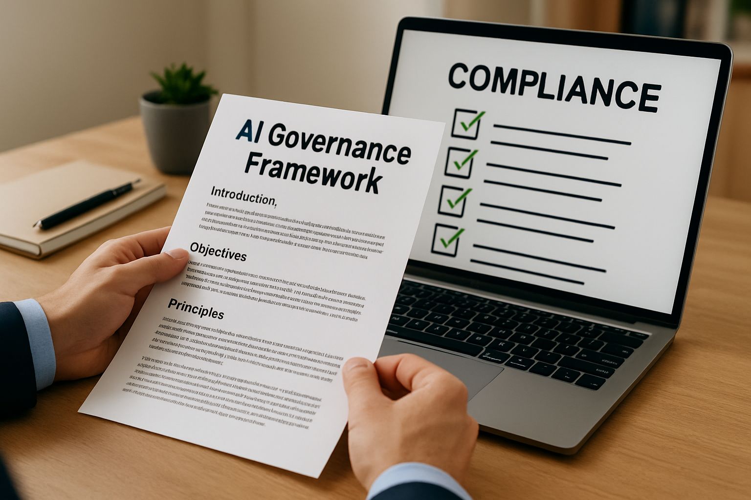 Business professional reviewing AI governance framework compliance document