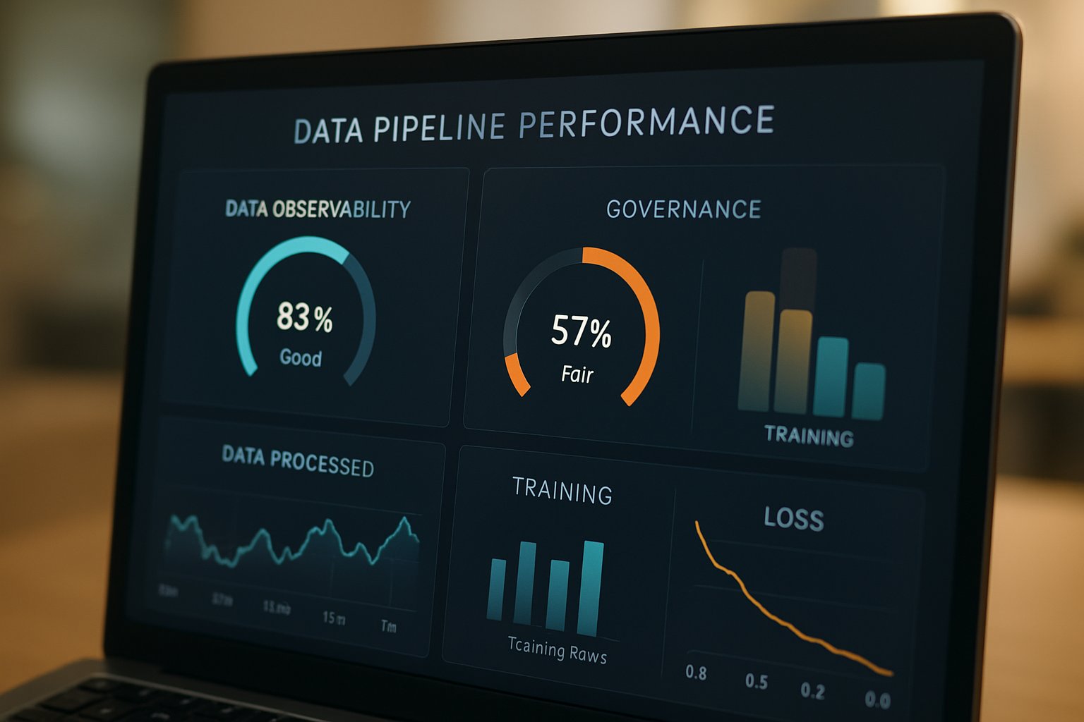 AI data pipeline dashboard with metrics on observability, governance, and training.