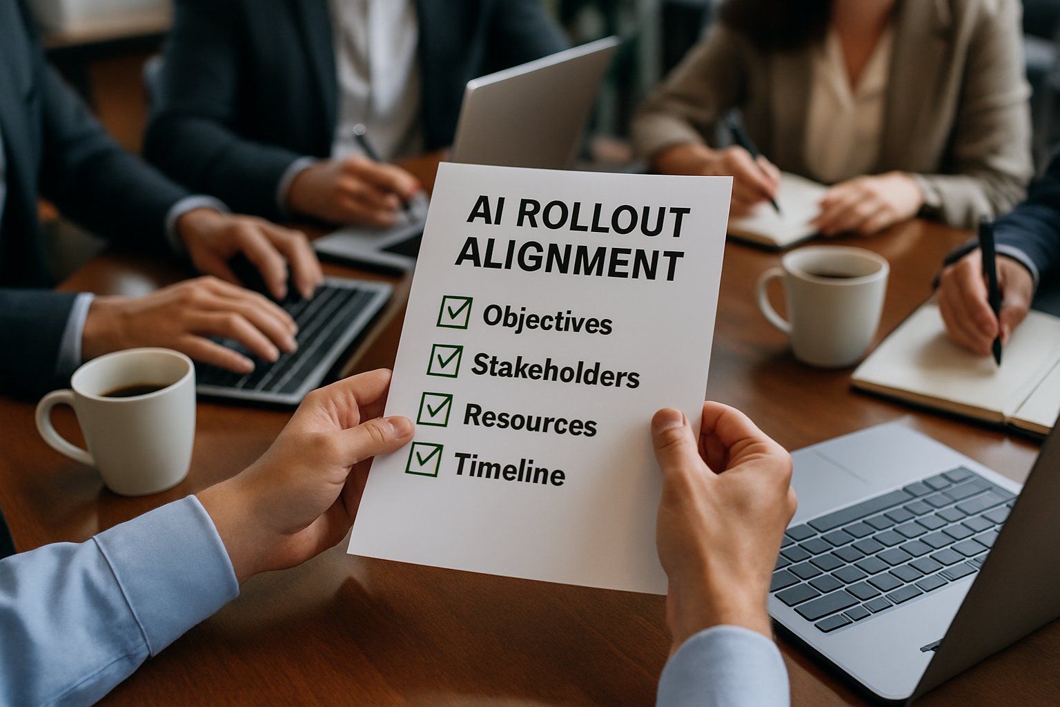 Hands reviewing alignment checklist for enterprise ai rollout in an office setting.