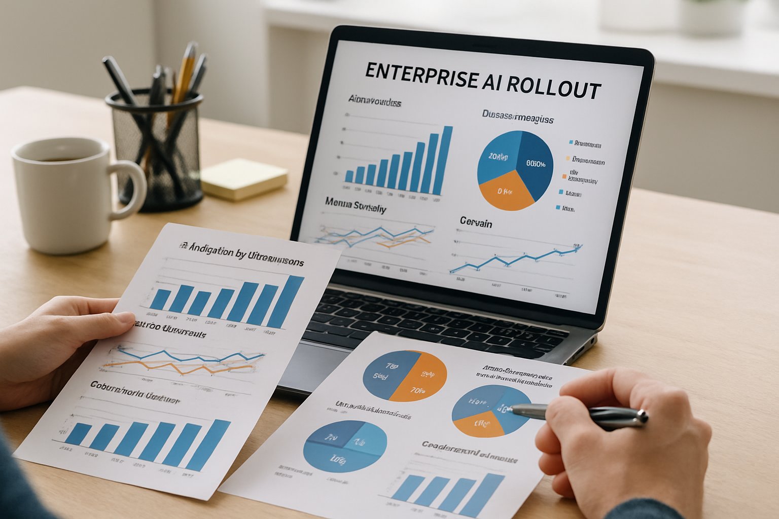 Enterprise AI rollout data analysis by business professionals in office environment.