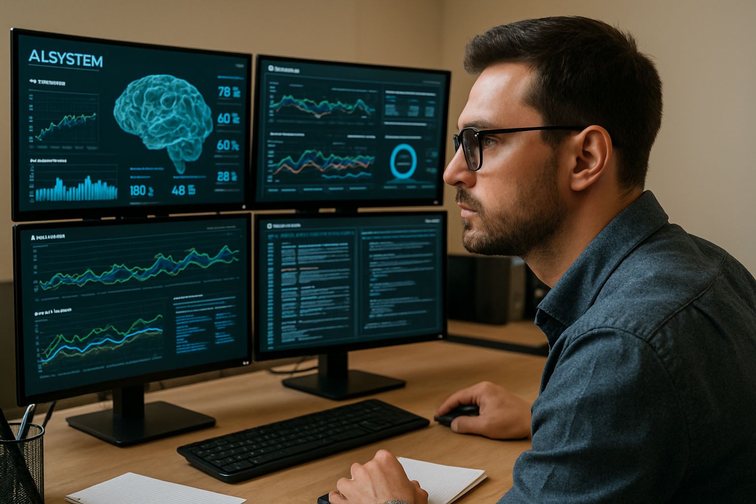 Engineer supervising enterprise AI transformation services at a control room desk.