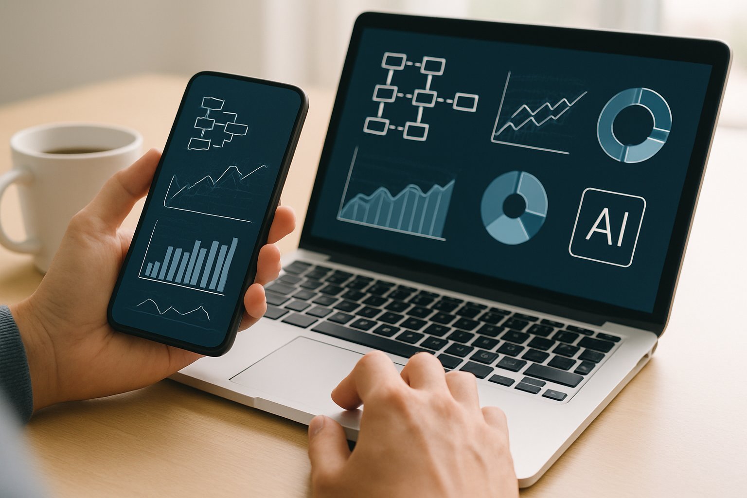 Hands using AI-powered devices to enhance digital transformation efforts.