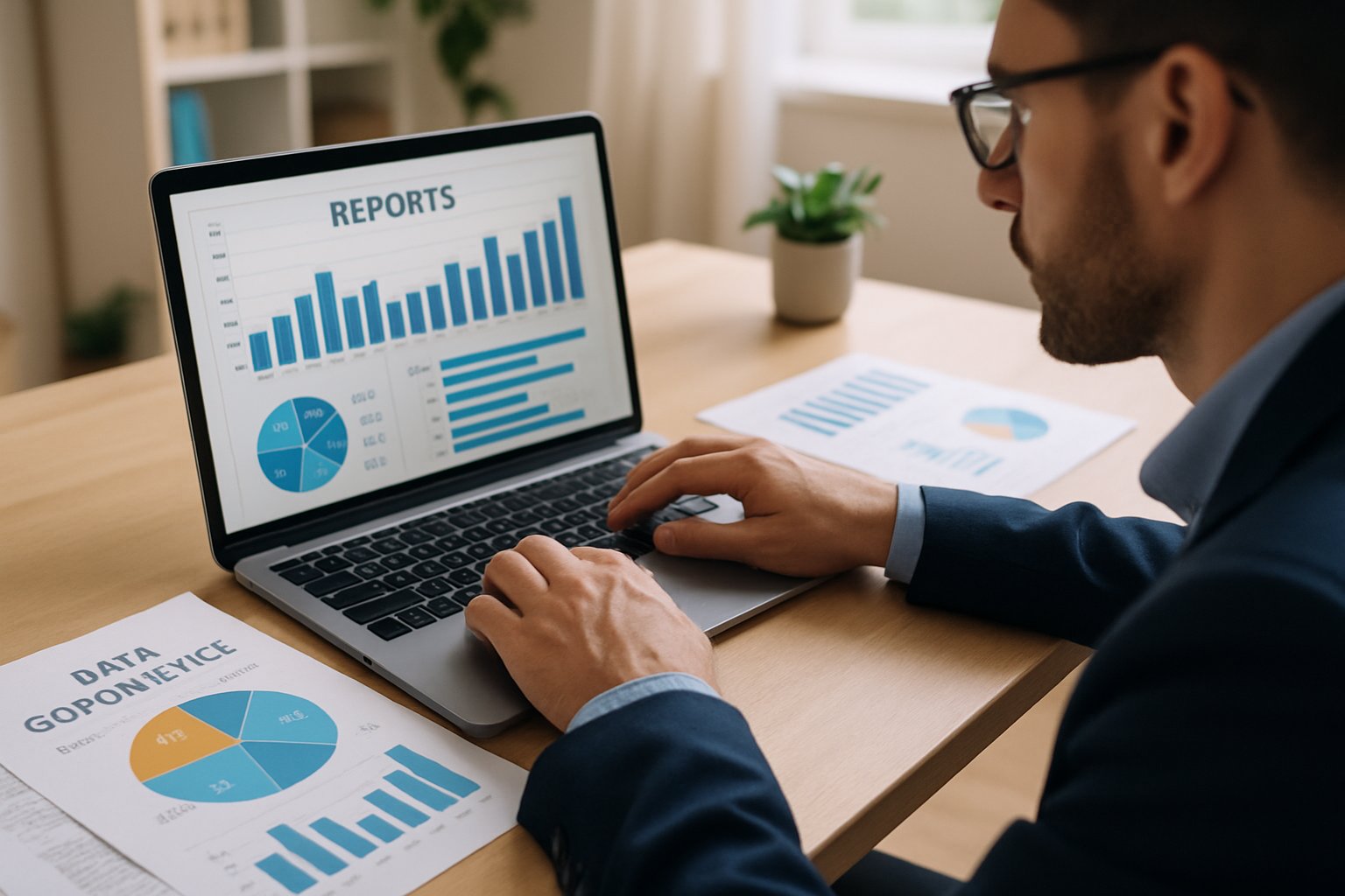 Data analyst examining reports to improve data maturity in enterprise.