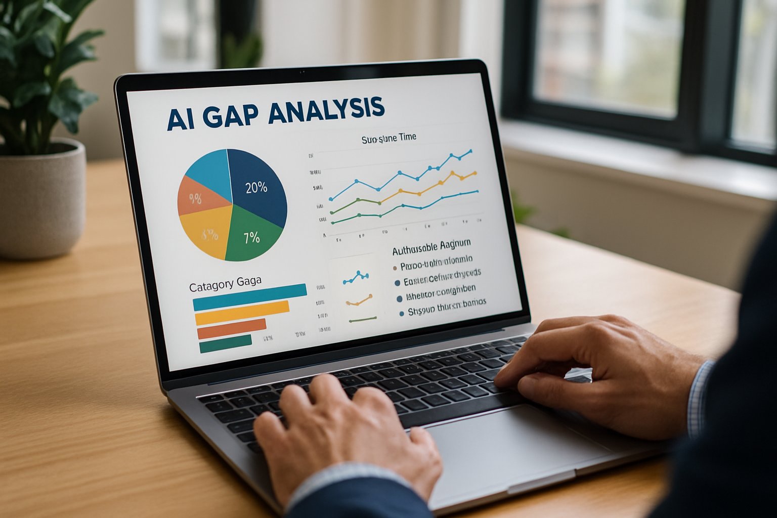 Business professional reviewing AI gap analysis report with clear charts.