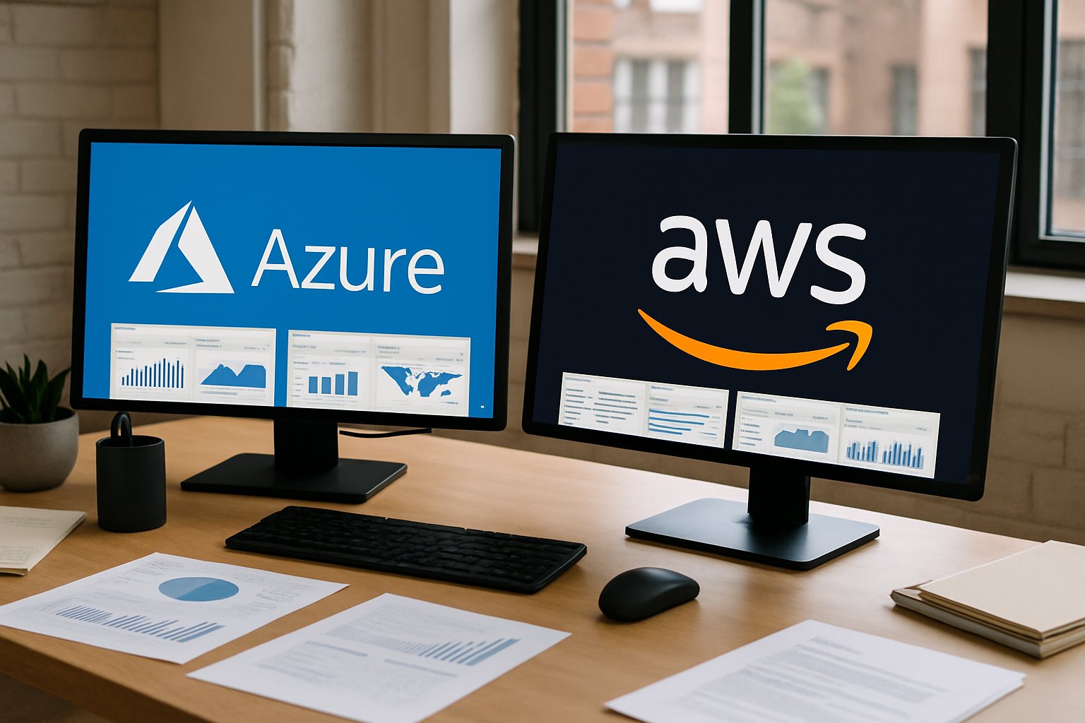 Monitors displaying Azure and AWS platforms for digital transformation comparison.