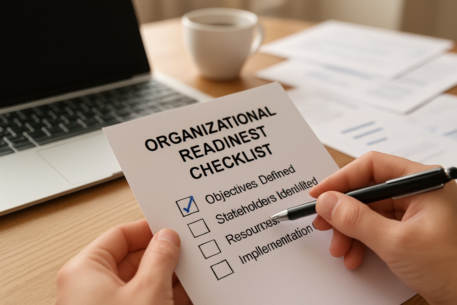 Hand checking off items on organizational readiness checklist in workspace