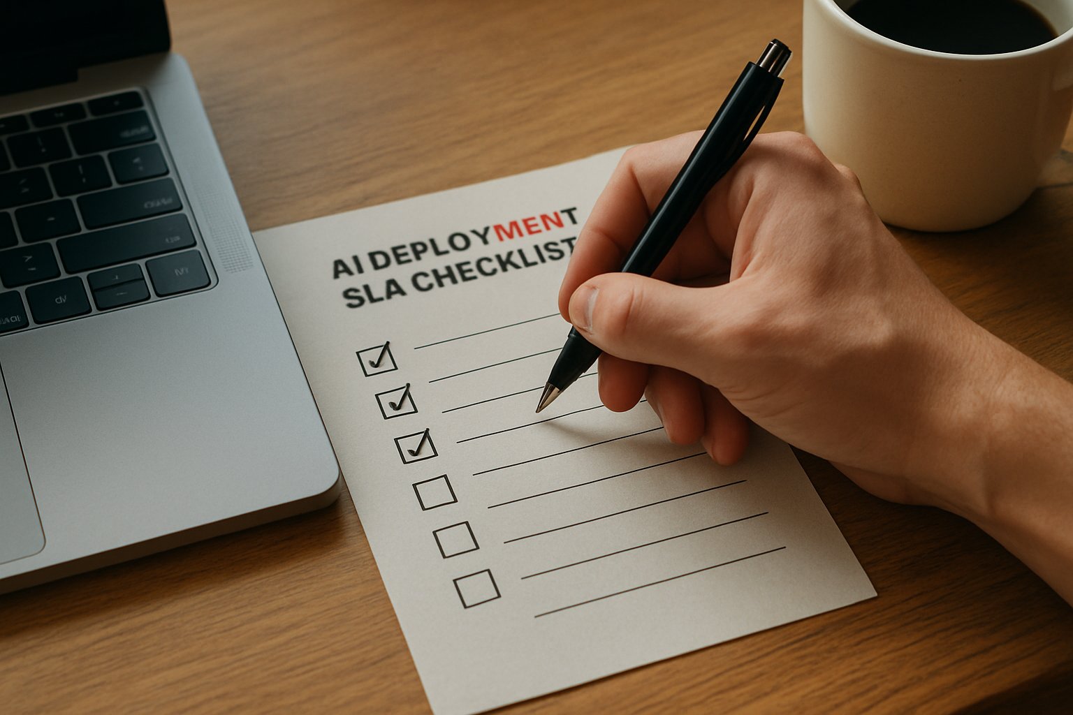 Hand checks off key ai deployment tasks on an SLA checklist at a work desk.