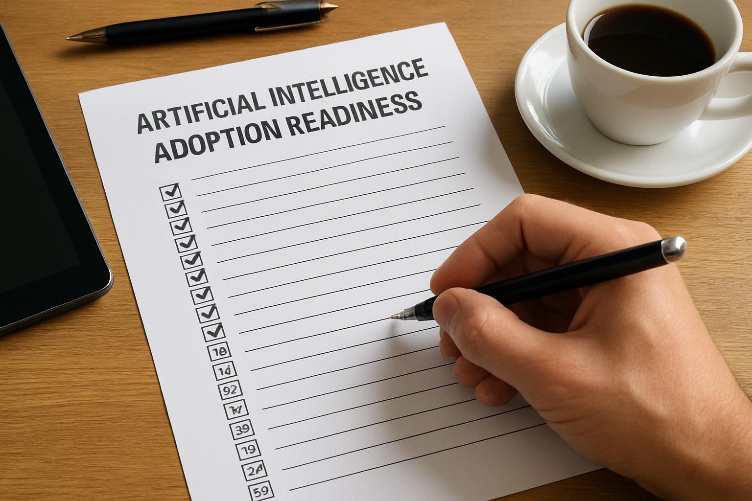 Checking off items on Artificial intelligence adoption readiness checklist at a desk.