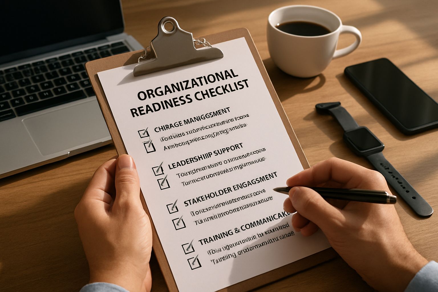 Hands reviewing organizational readiness checklist in modern office.