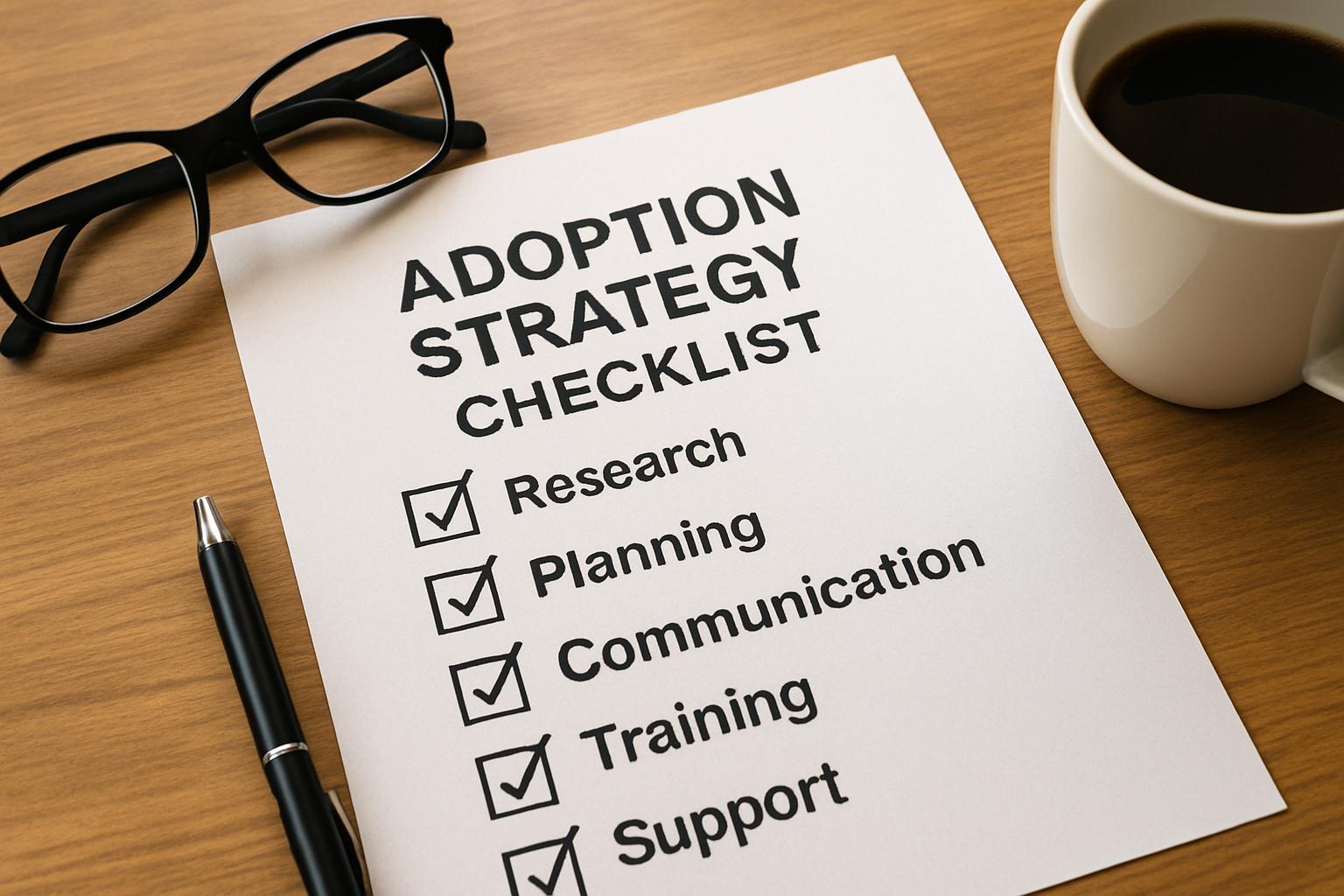 Adoption strategy RFP checklist highlighted on desk with pen and glasses