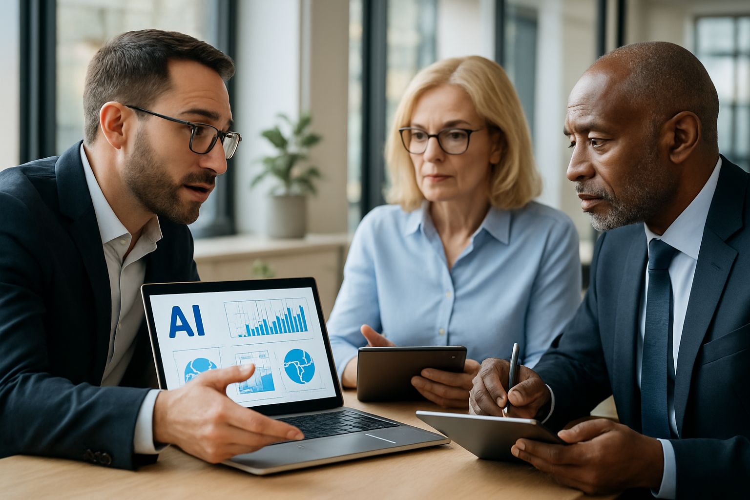 Business executives learning about AI consulting services with consultant.