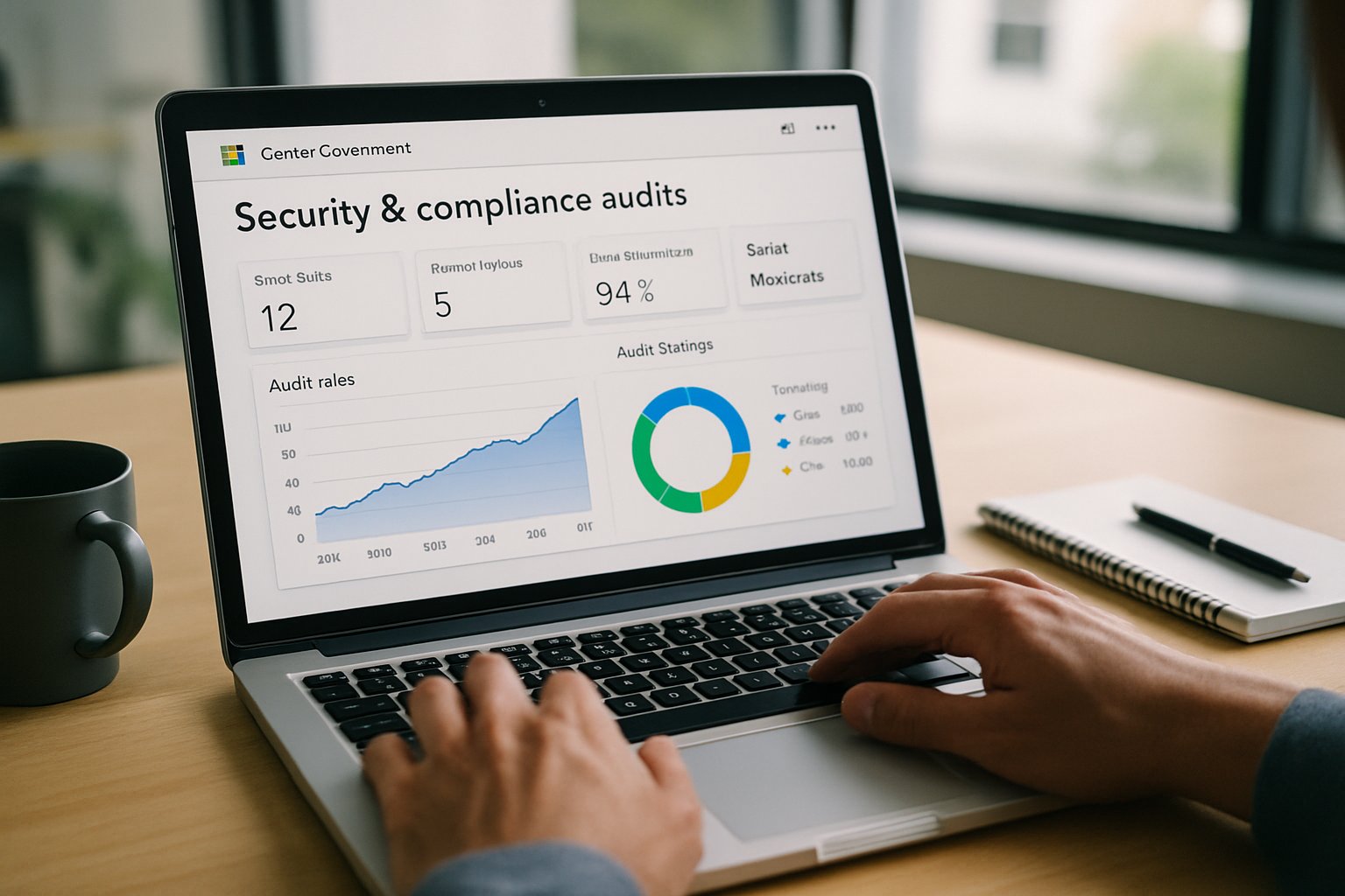 Laptop showing Microsoft Copilot Governance audit dashboard in a real office.
