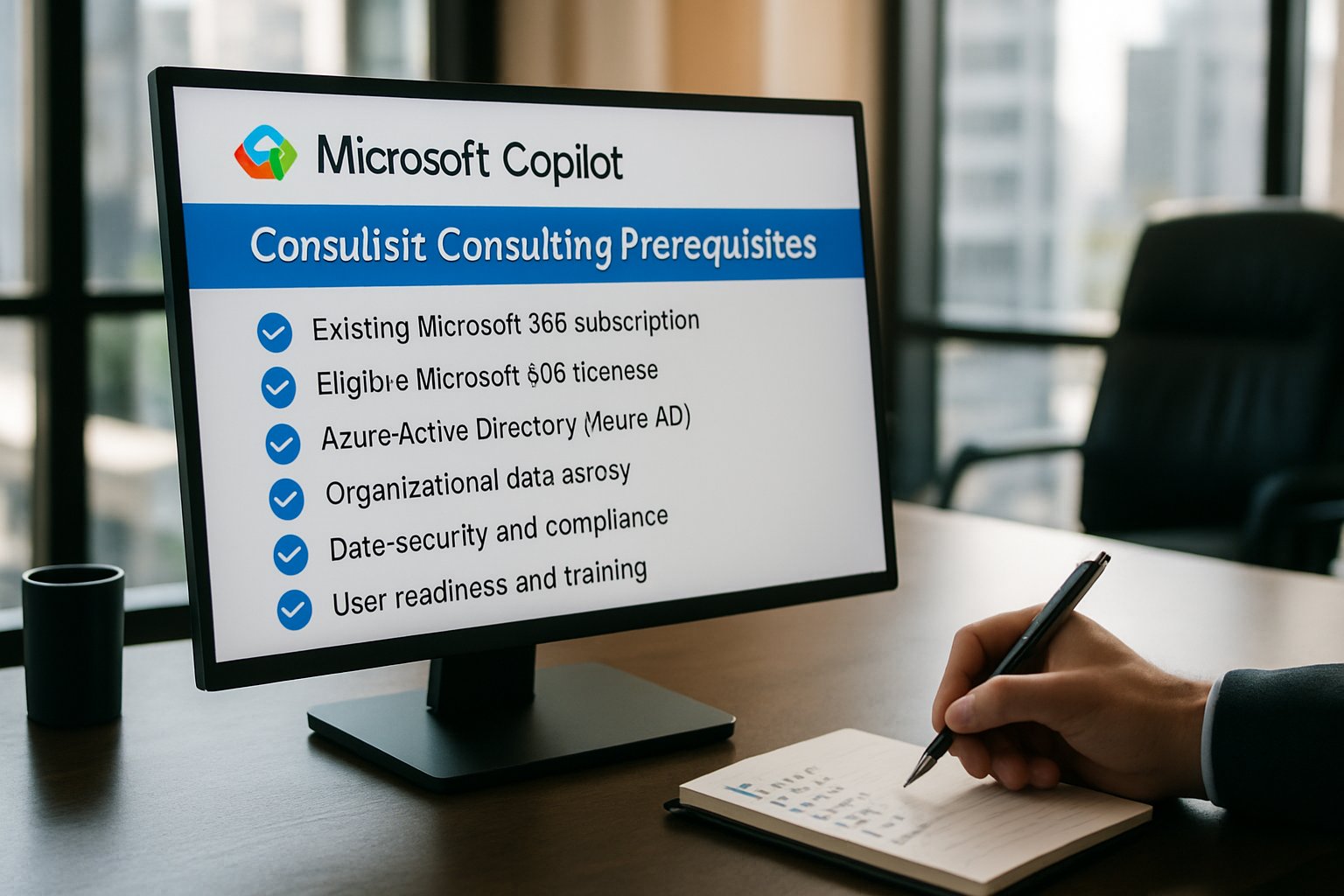 Computer monitor showing Microsoft Copilot Consulting prerequisite checklist in modern office setting.