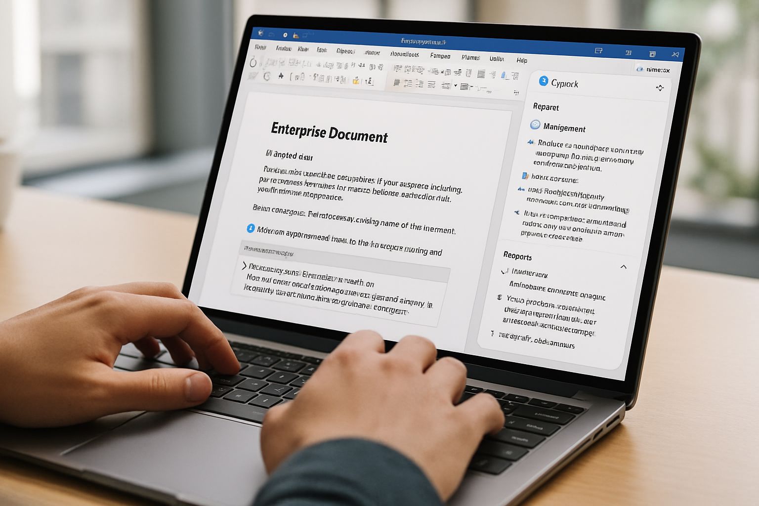 Professional uses Microsoft Copilot Consulting features on a laptop for enterprise docs