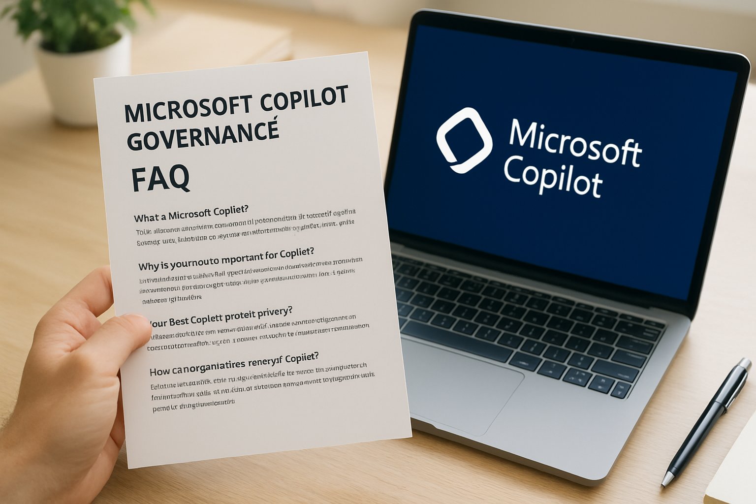 Printed Microsoft Copilot Governance FAQ guide on desk beside laptop