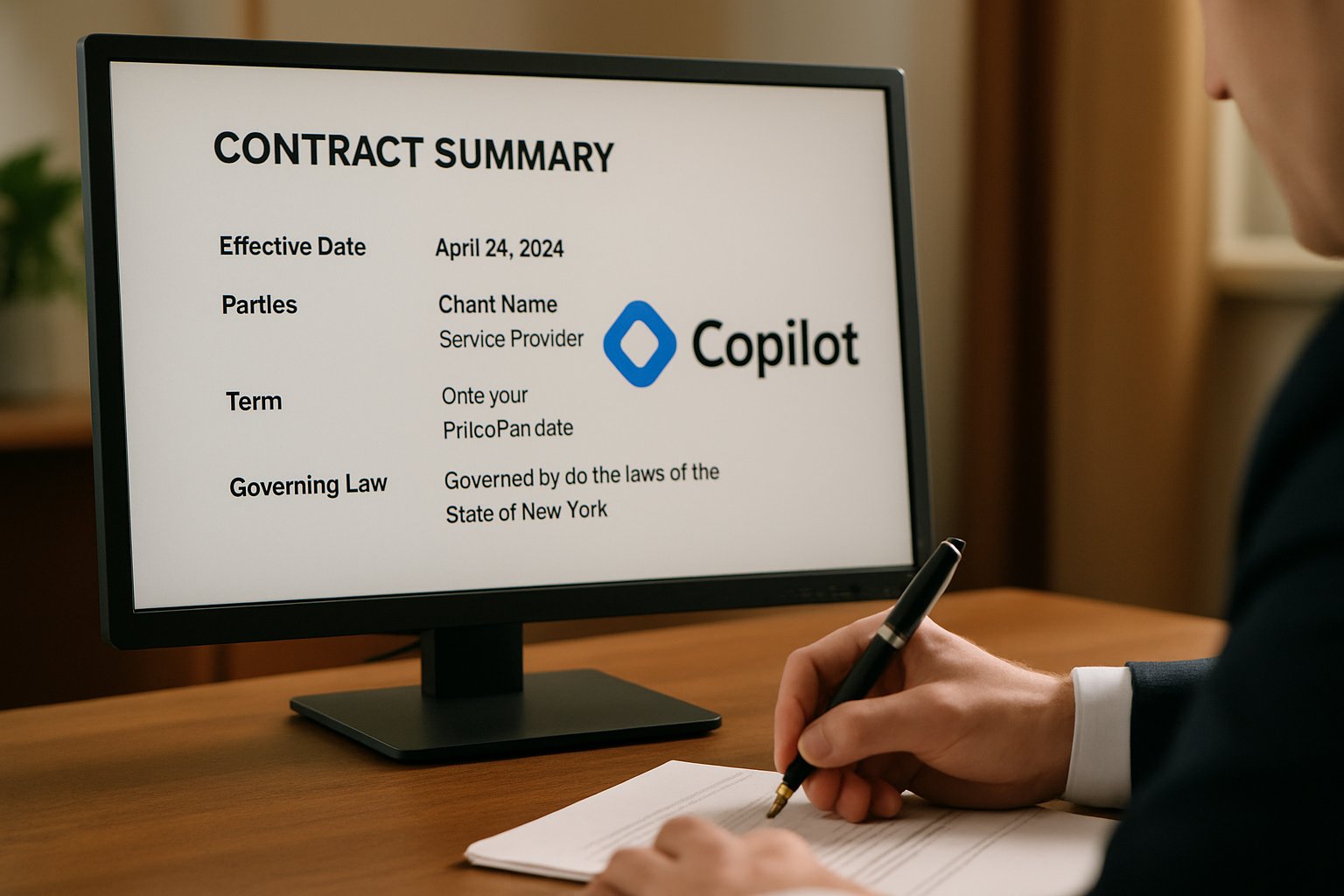 Computer screen displaying Microsoft Copilot Consulting for rapid contract summaries