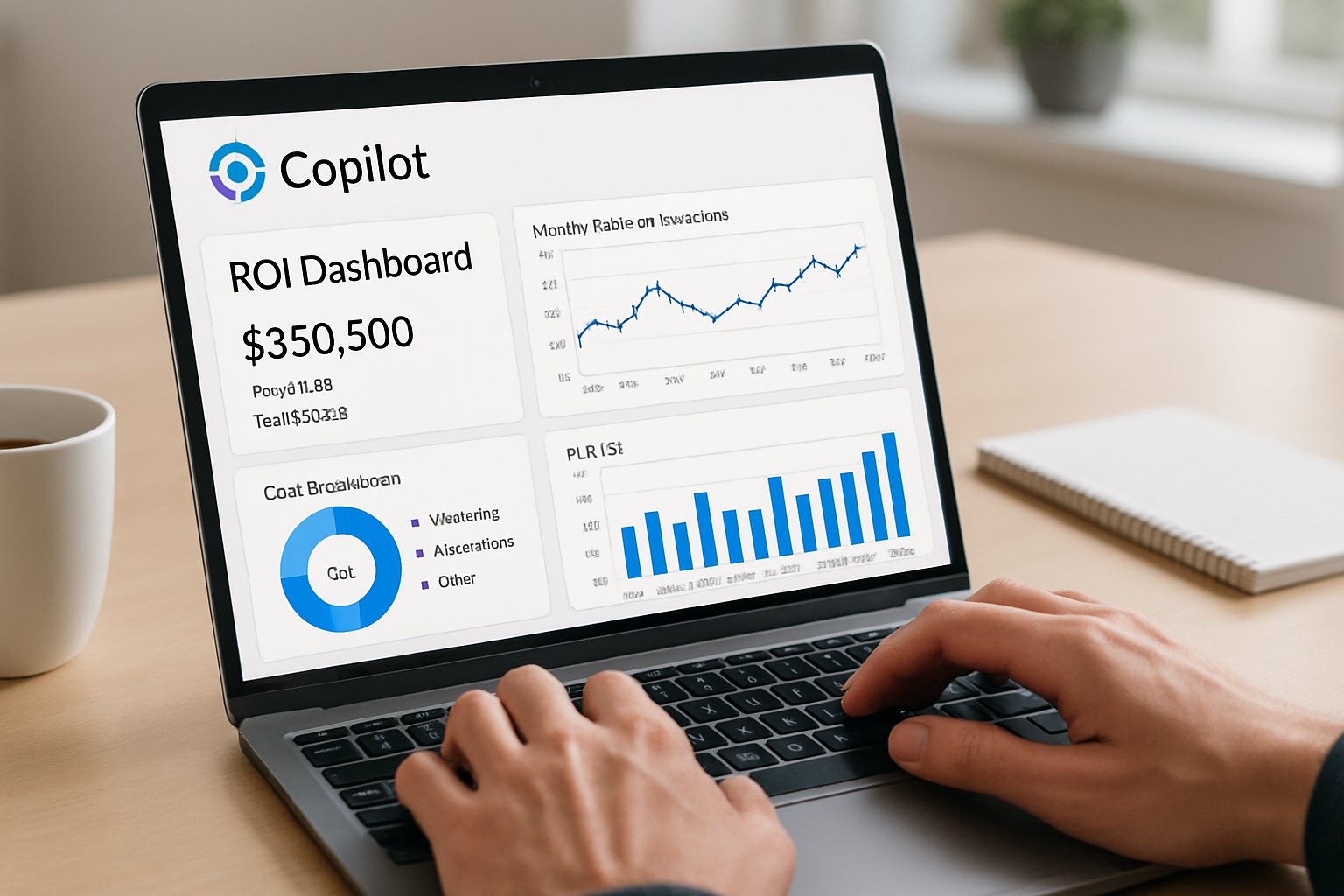 Laptop displaying ROI dashboard via Microsoft Copilot Training in a real office setting