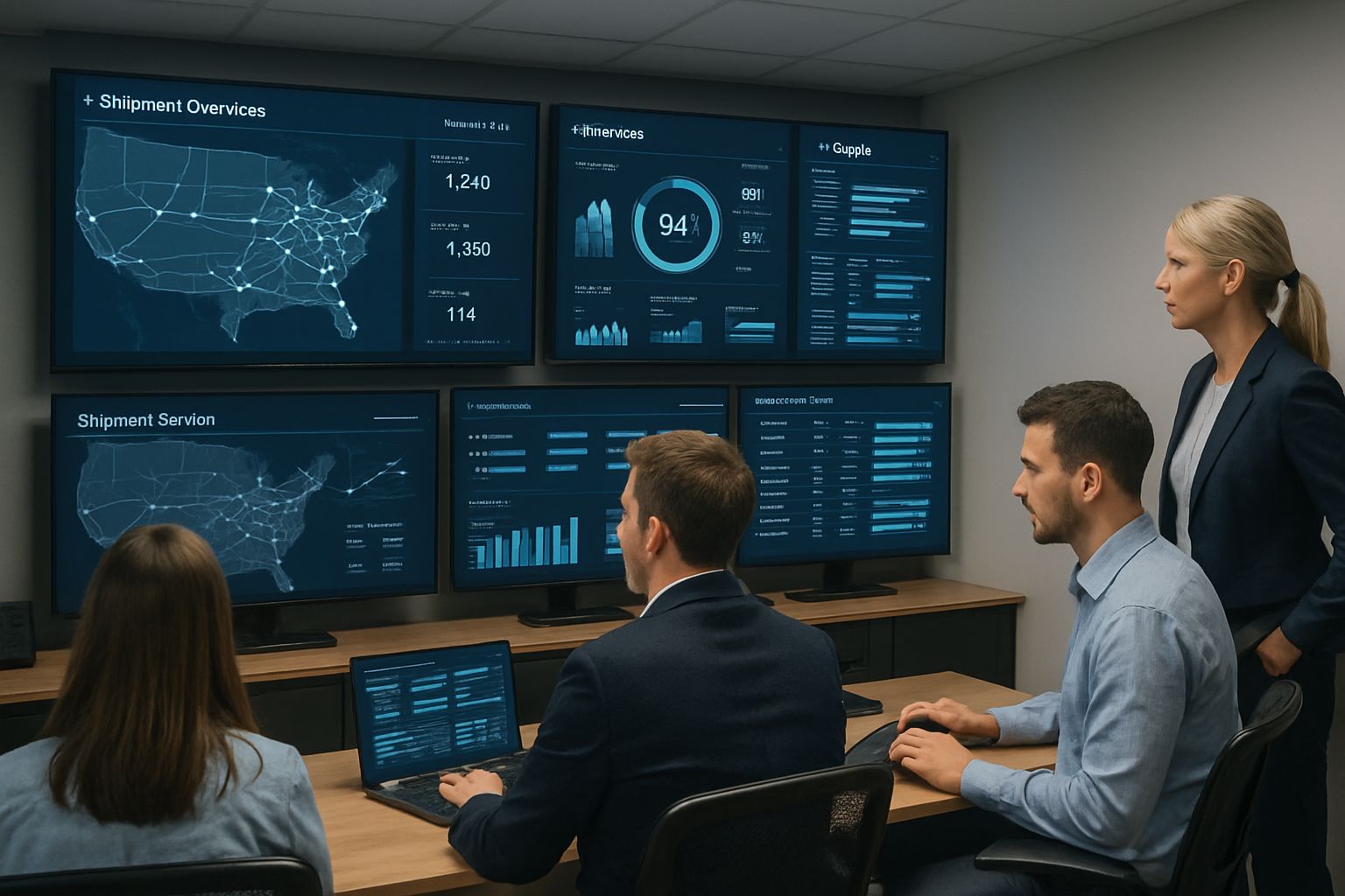ai transformation visuals in a logistics control room with team analyzing data dashboards