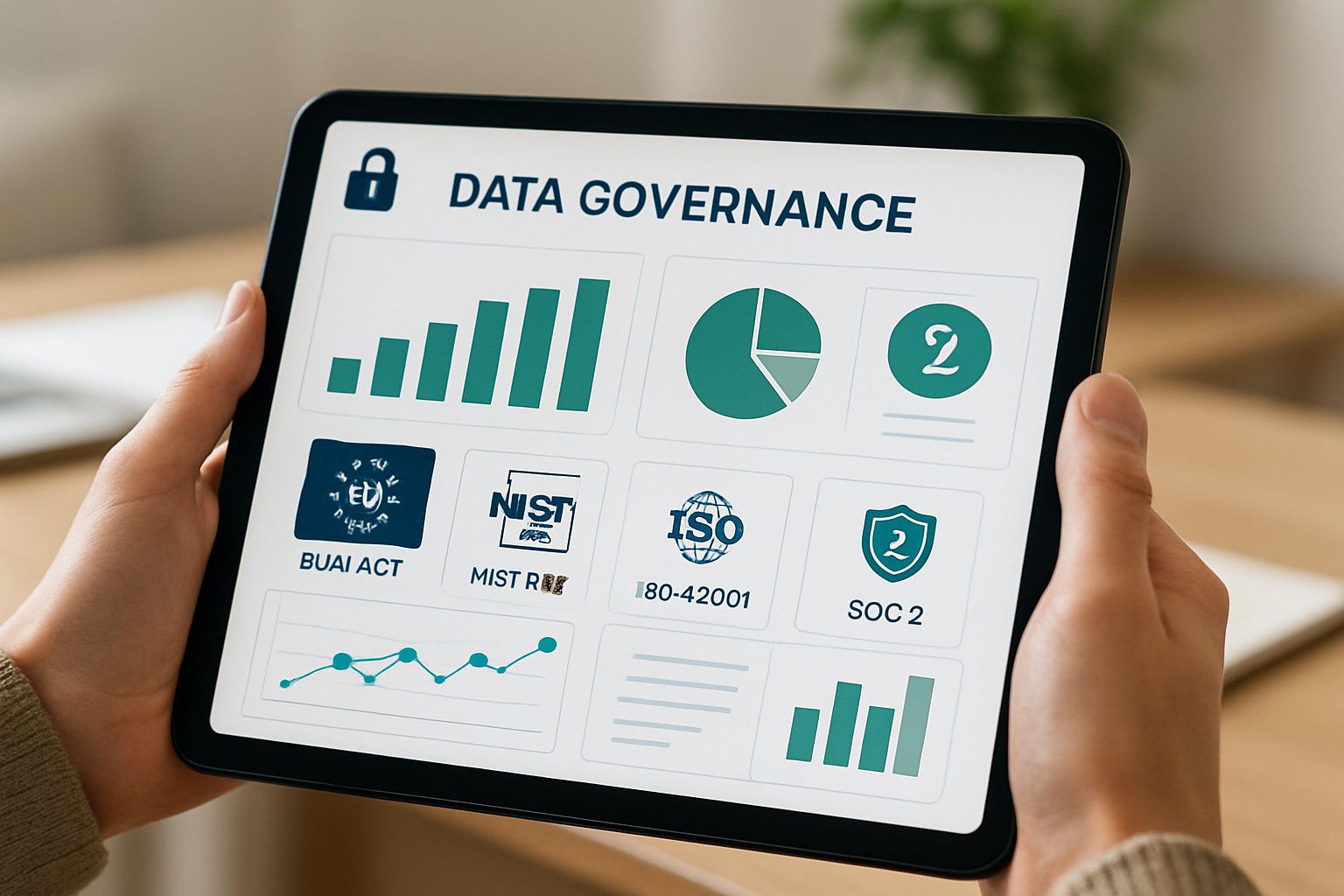 Tablet screen showing data governance compliance dashboard with major frameworks.