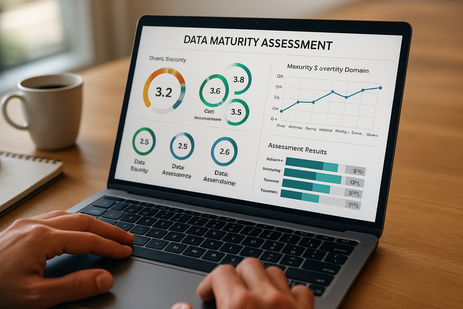 Data maturity assessment dashboard on laptop screen in authentic office setting.
