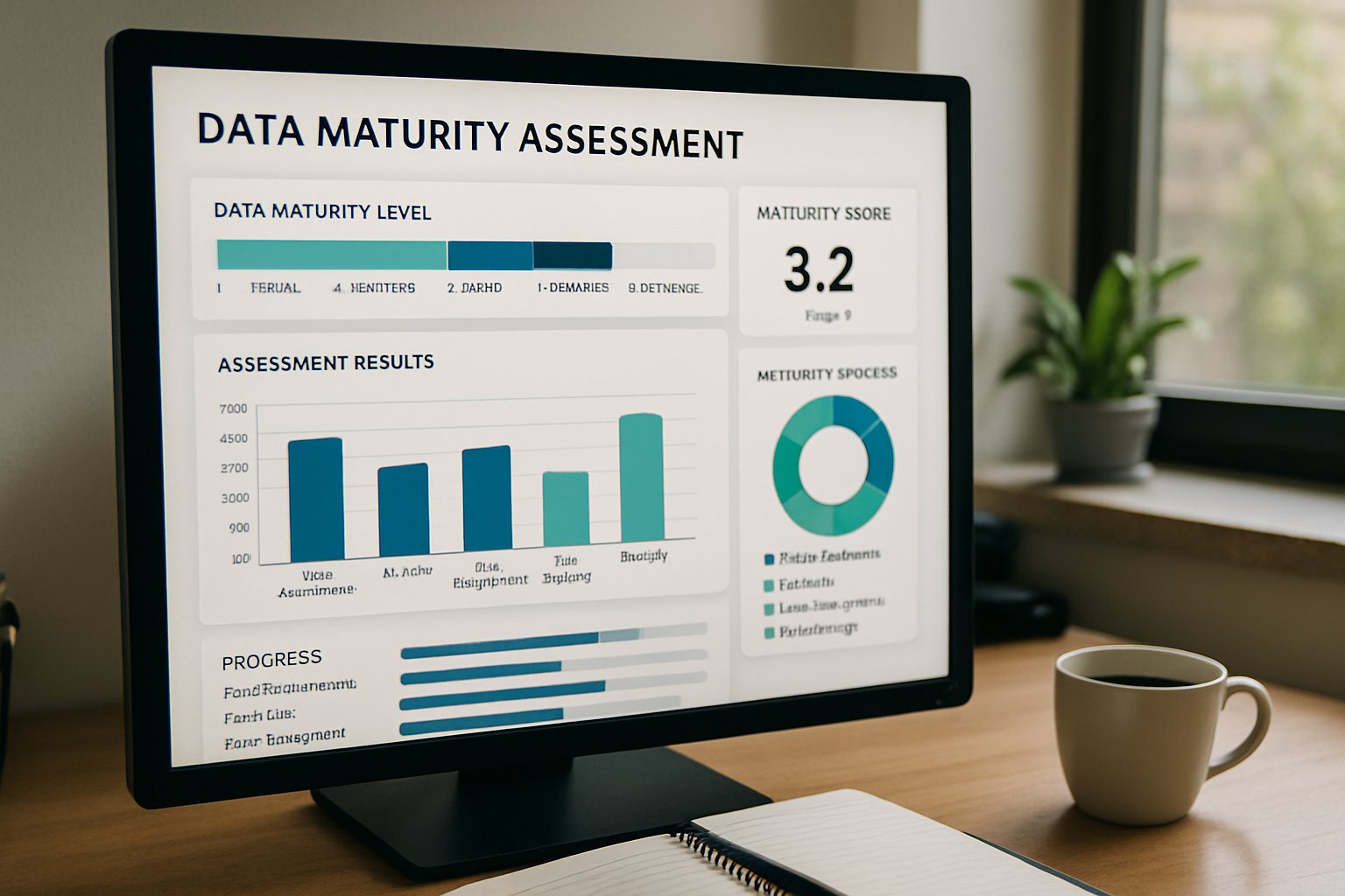 Data maturity dashboard visualization on computer screen in office setting.