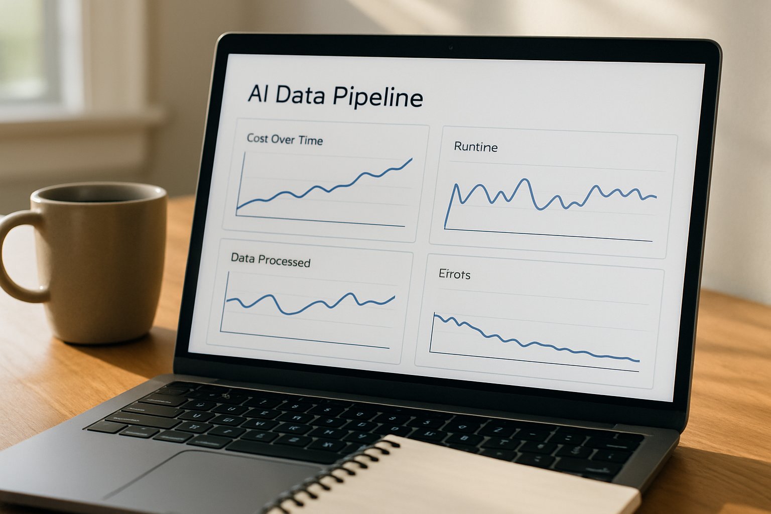 AI data pipeline cost analytics on realistic laptop dashboard.
