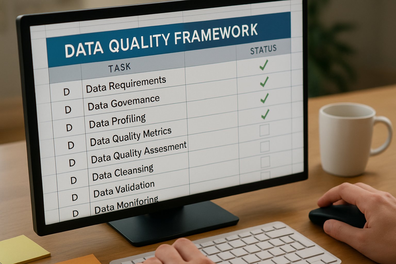 Data quality framework checklist open on office workstation screen.