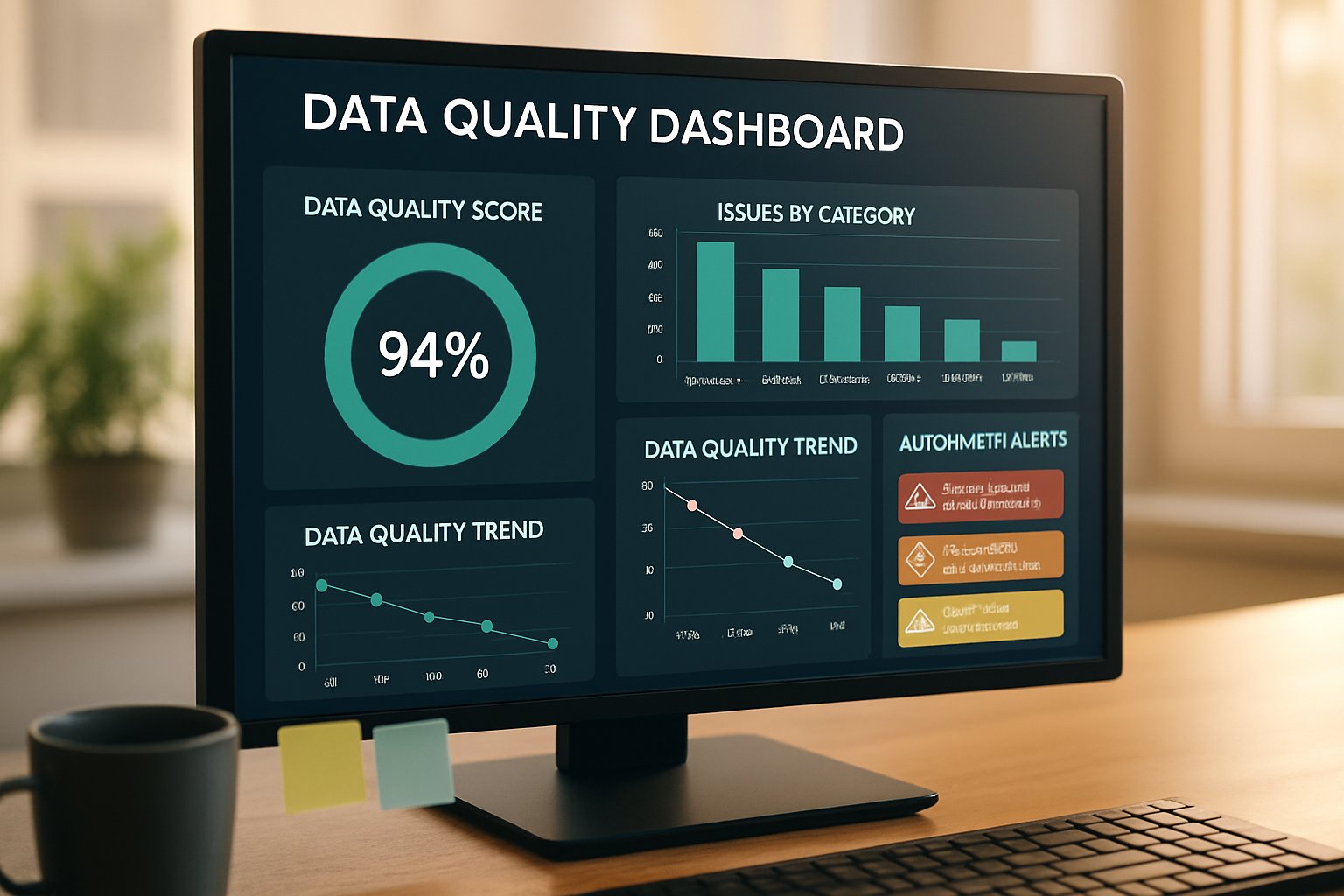 Data quality framework dashboard with automated alerts and metrics on a monitor.