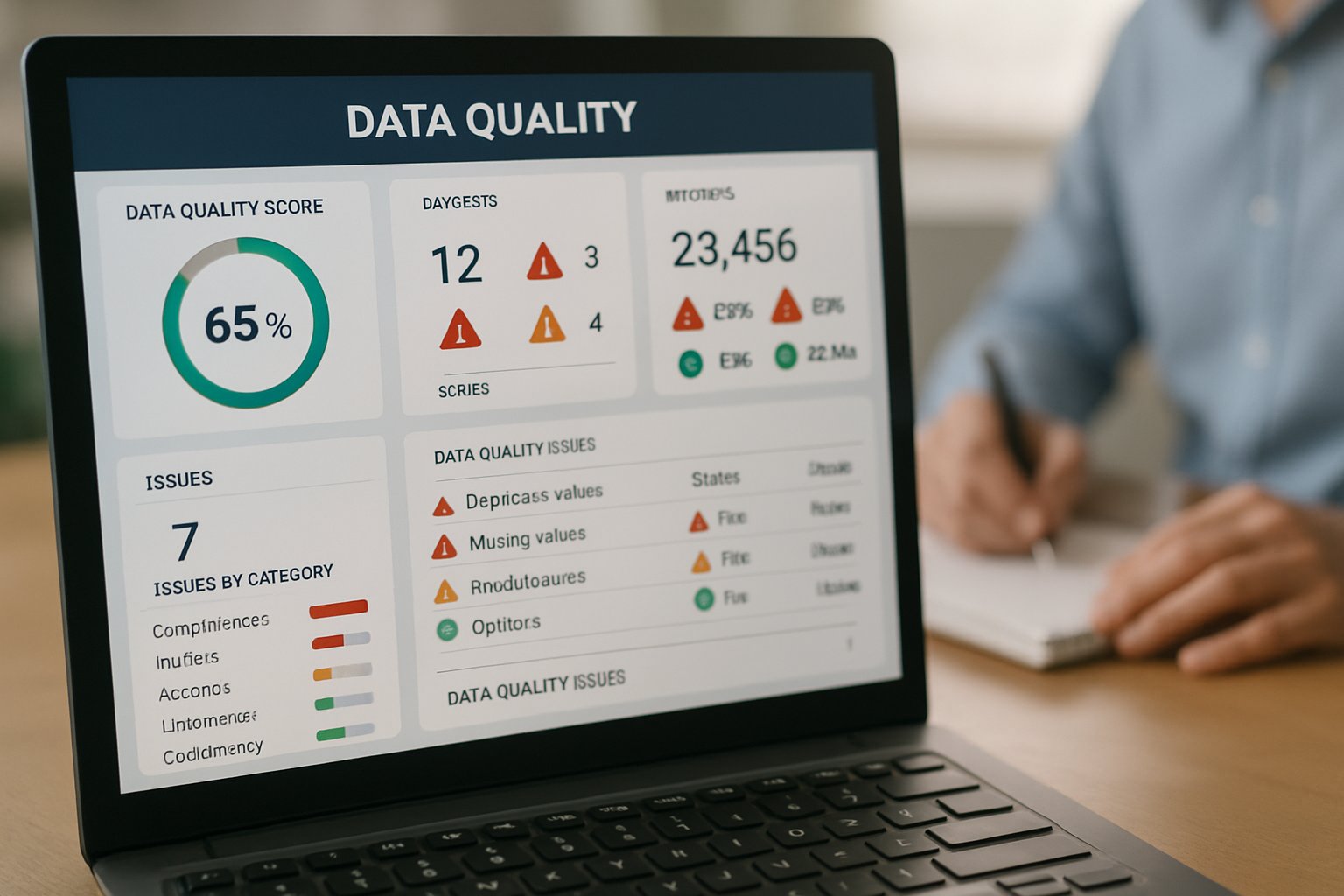 Data quality framework dashboard with clear metrics and warning indicators