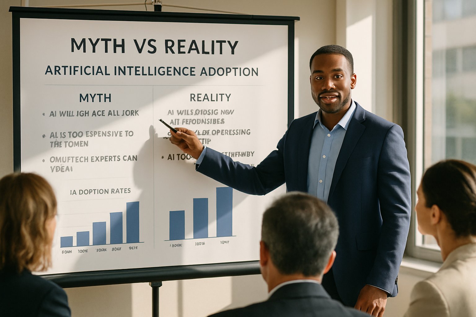 Executive presenting artificial intelligence adoption myths and realities in corporate boardroom.