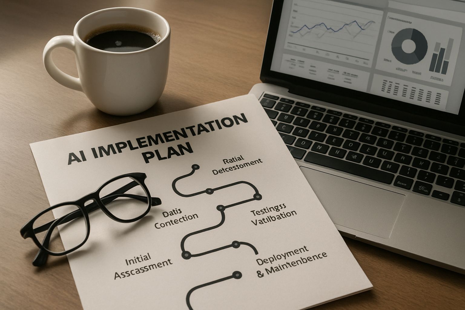 Desk with AI implementation plan and enterprise analytics dashboard.