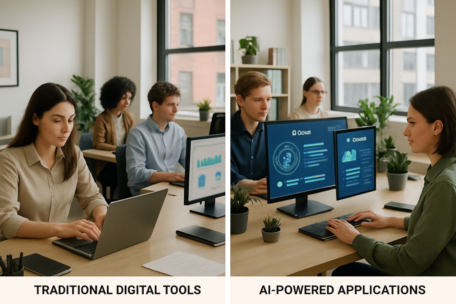 Employees adopt digital and ai transformation strategies in side-by-side office scenes.