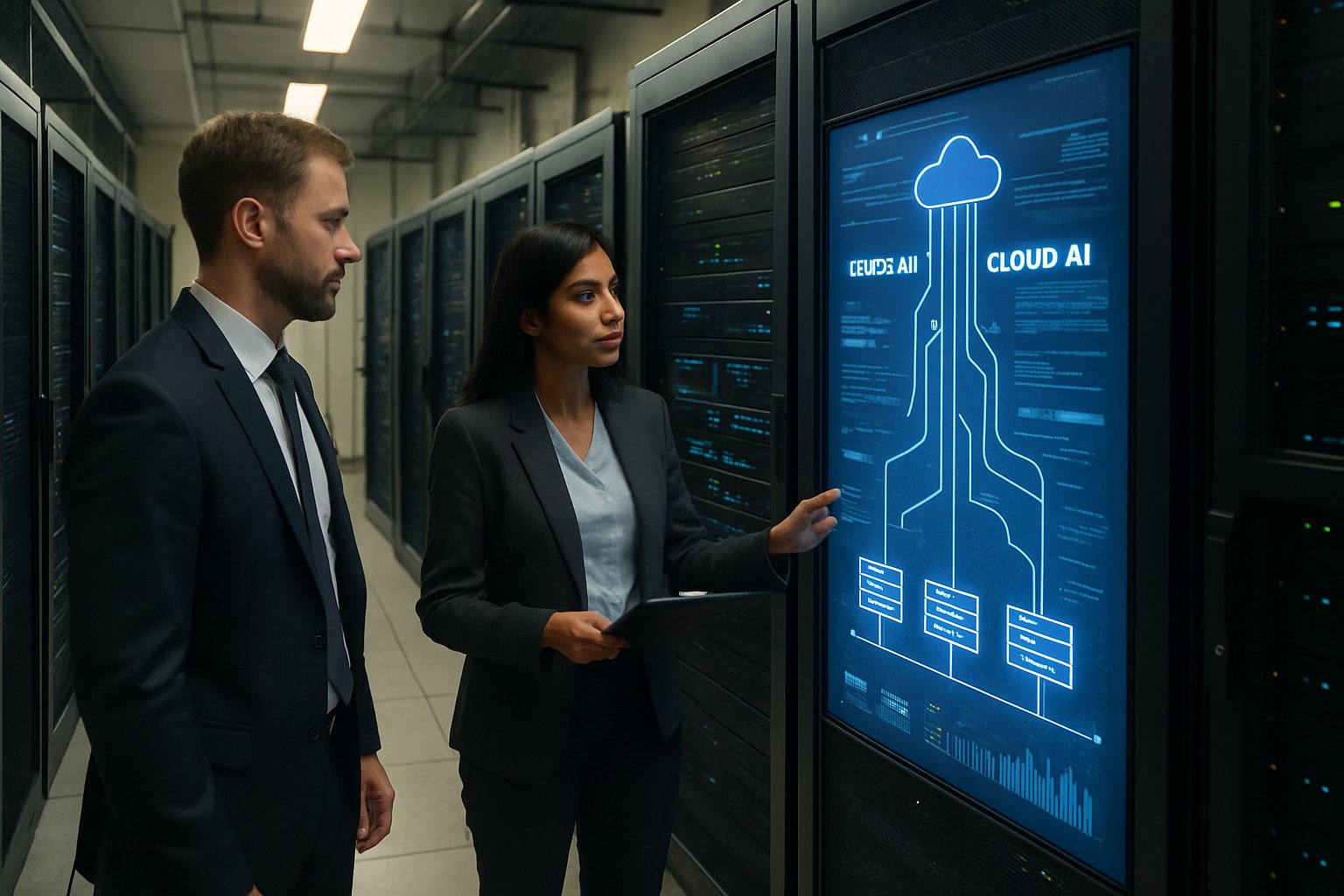 AI deployment visualization in a server room with edge and cloud integration