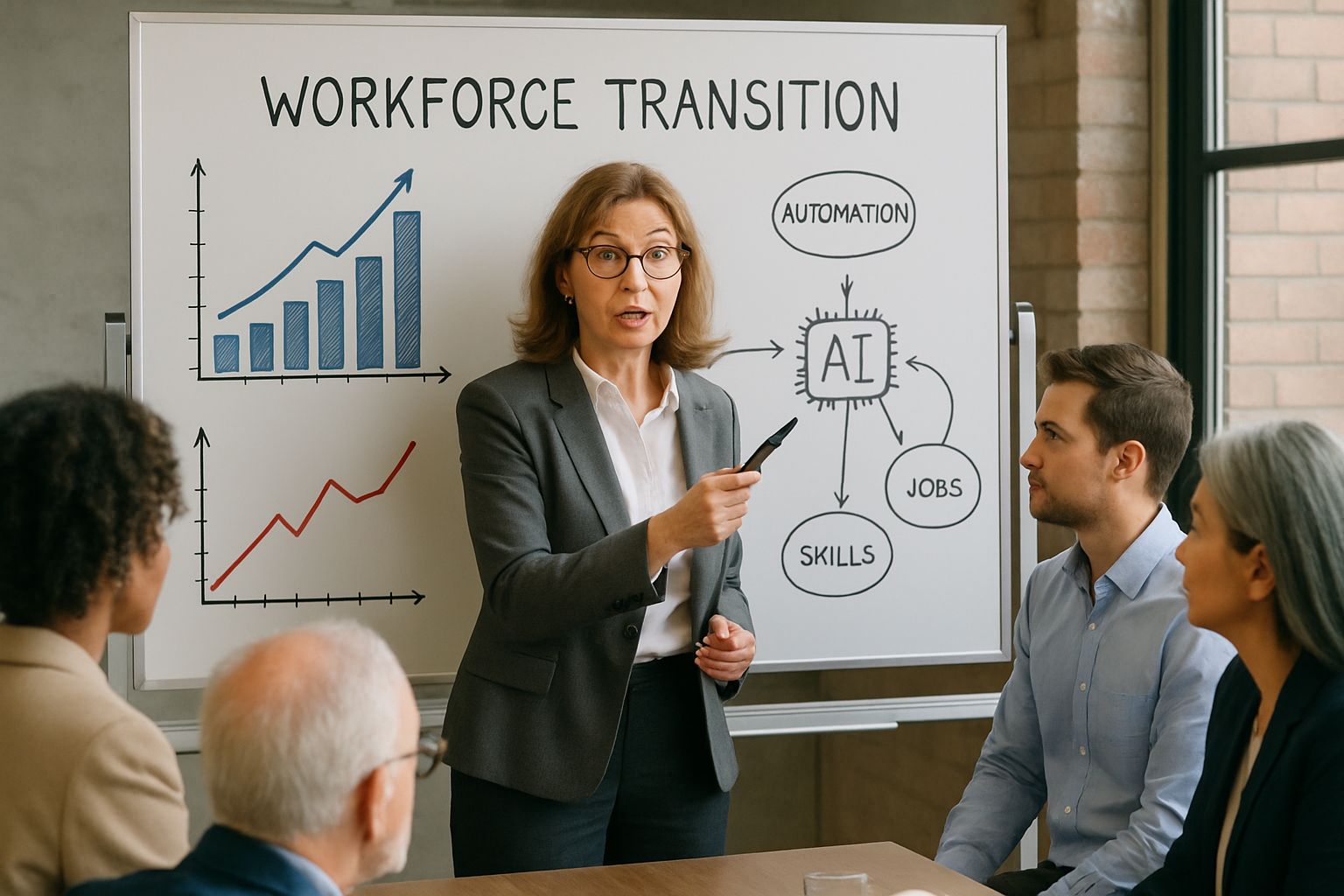 Business leader teaching workforce transition strategies to employees in real-world office setting.