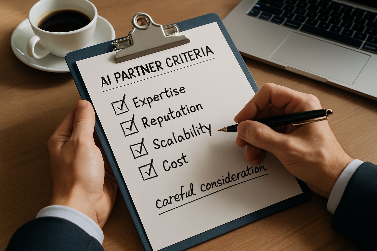 Organizational readiness checklist for selecting an AI partner on office table.
