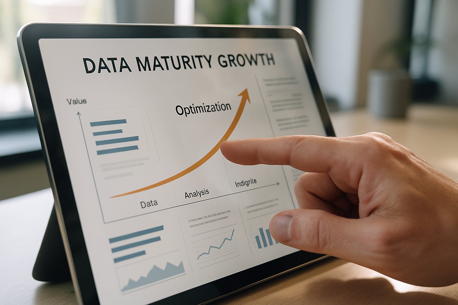 Hand analyzing data maturity graph on a tablet in corporate environment.